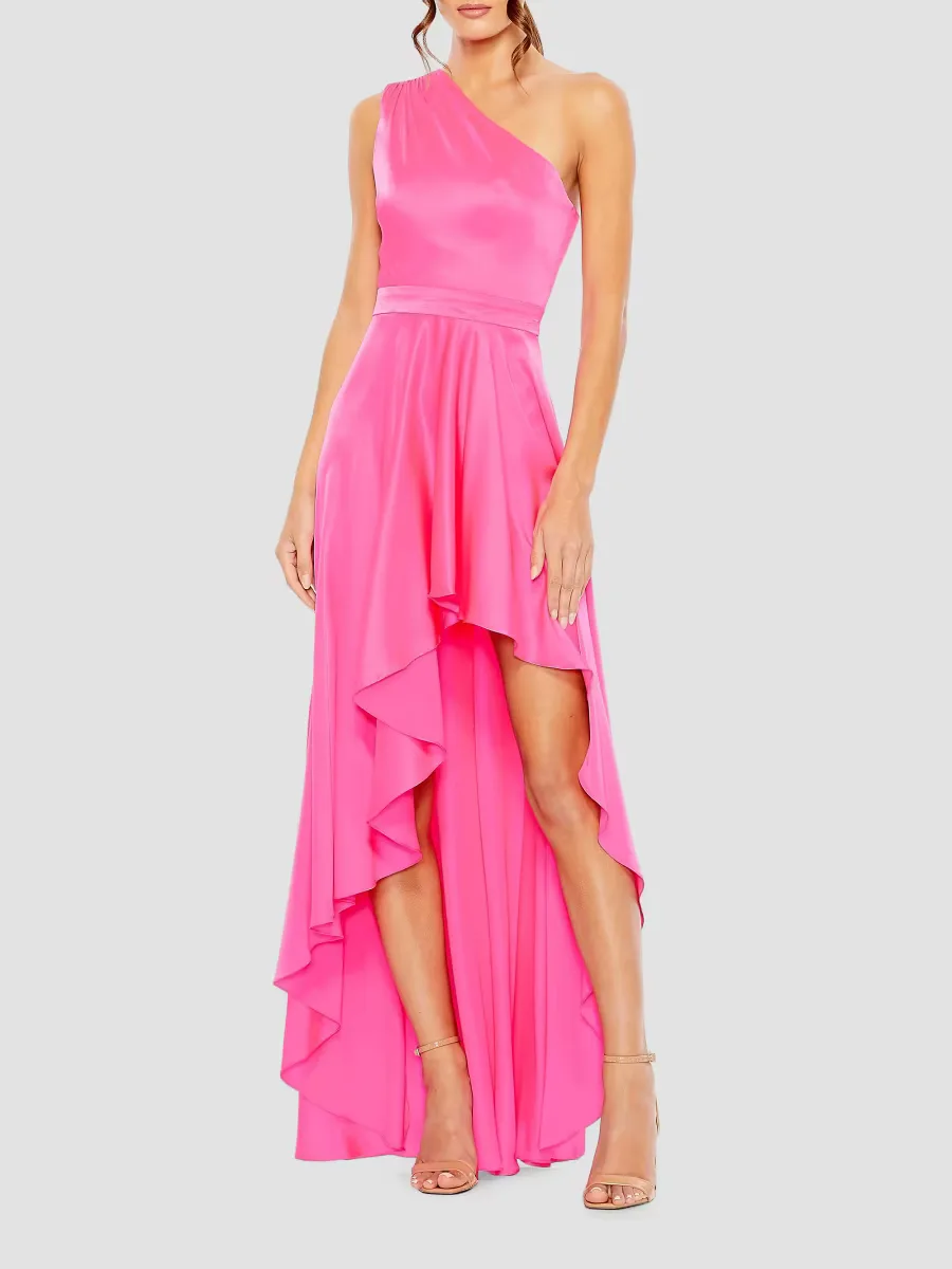 Mac Duggal One-Shoulder High-Low Satin Gown by M.A.C.