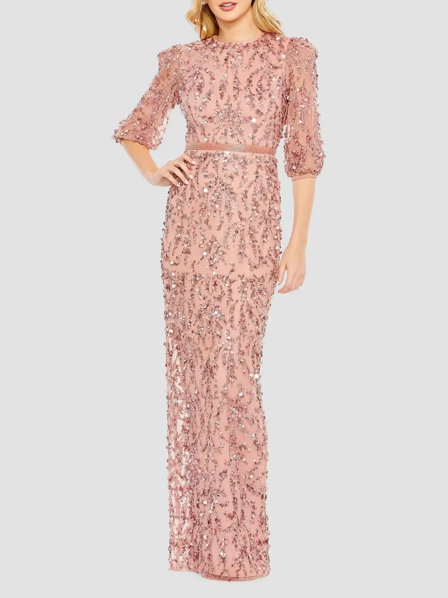 Mac Duggal Sequined Elbow-Sleeve Column Gown by M.A.C.