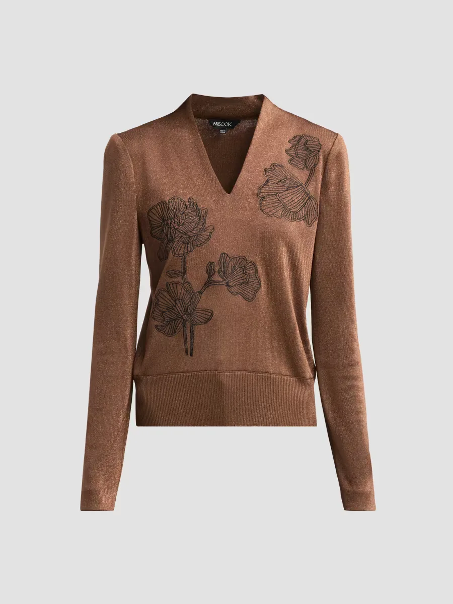 Embroidered Metallic-Knit Top by Misook