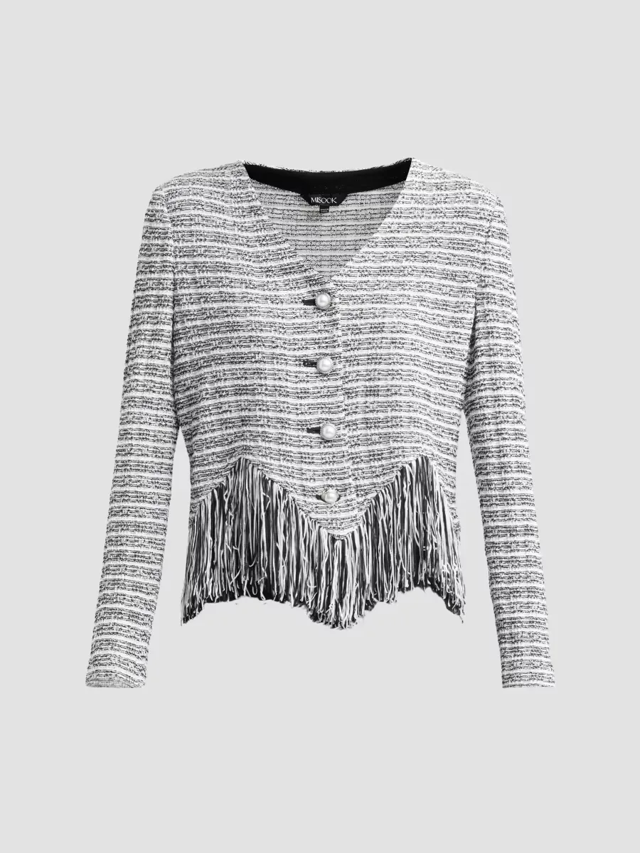 Chevron Tweed Fringe-Trim Jacket by Misook