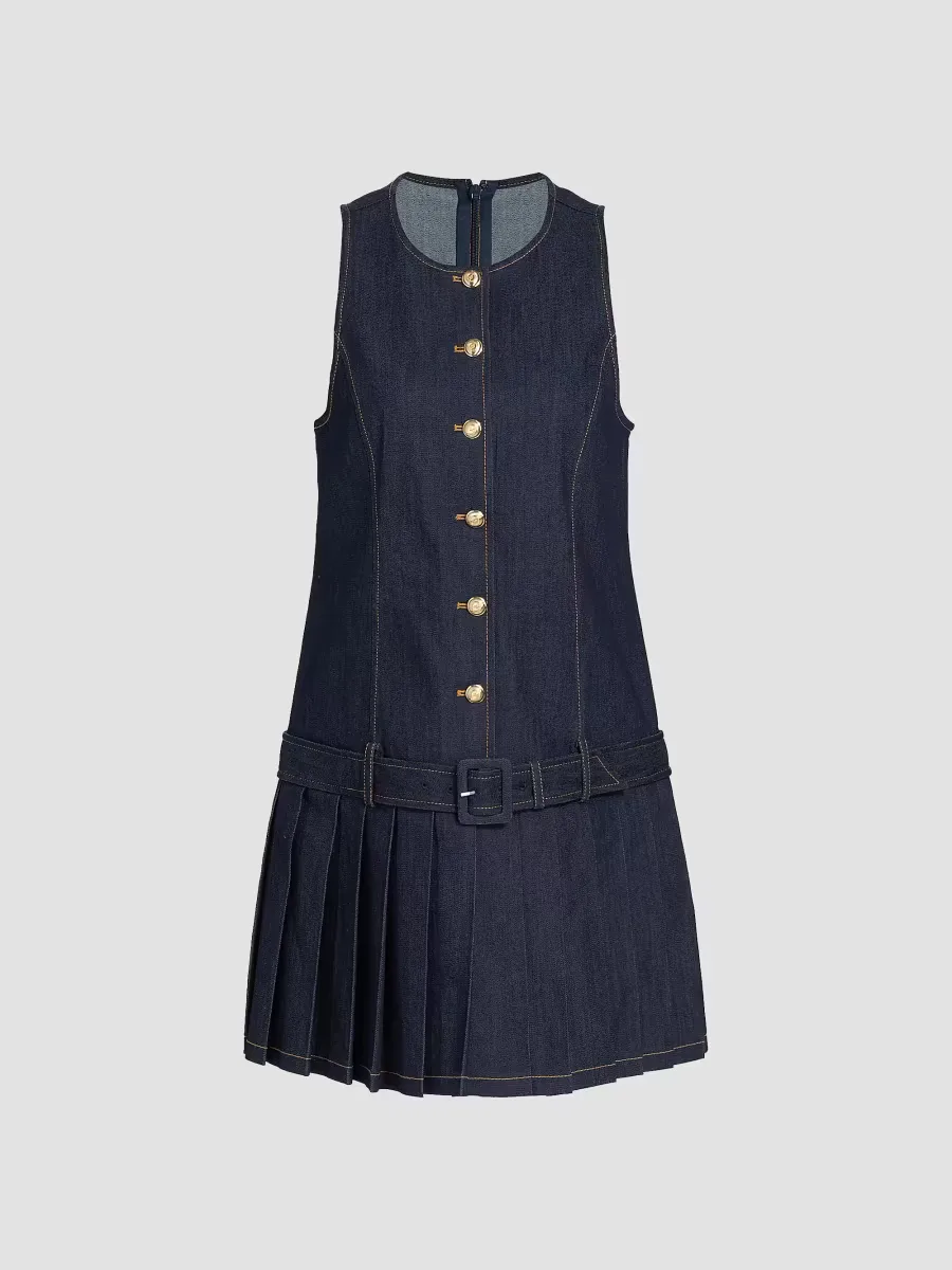 Elyse Belted Pleated Denim Minidress by Cinq  Sept