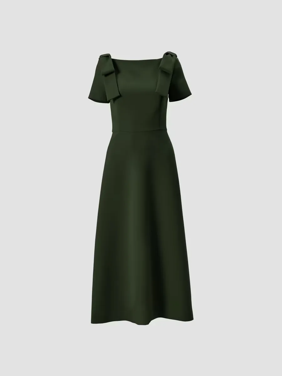 Boatneck Bow Shoulder Short-Sleeve Midi Dress by Carolina Herrera