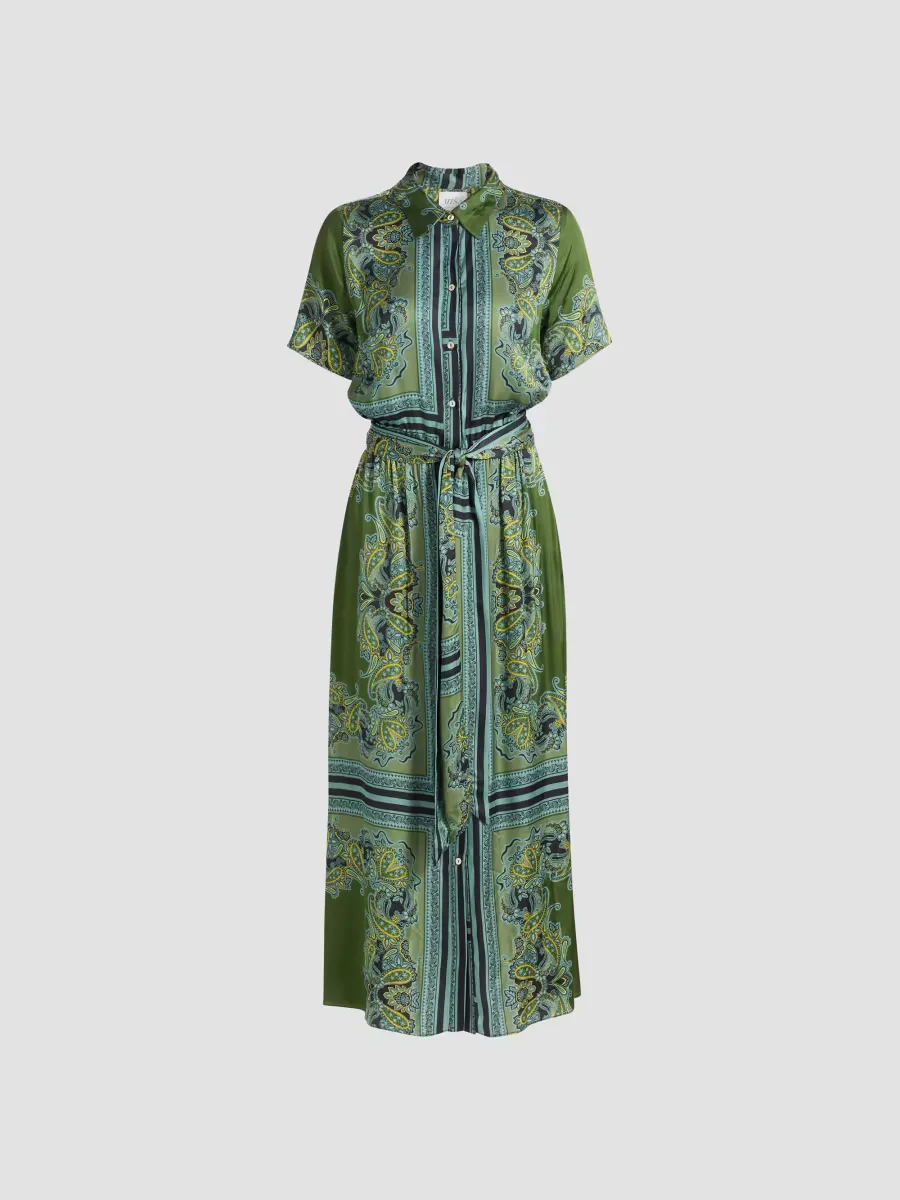 Esmeralda Paisley Satin Midi-Shirtdress by Misa