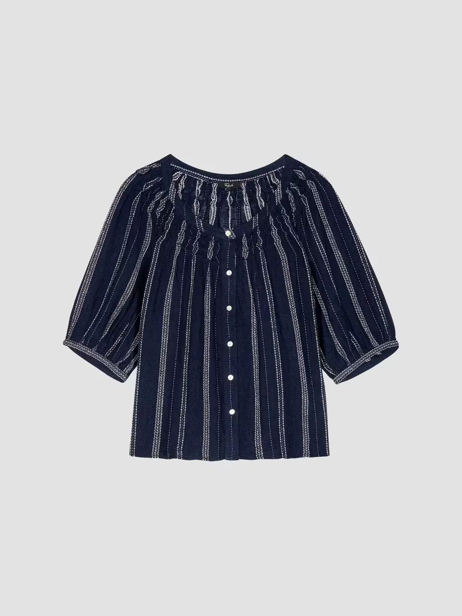 Rix Striped Linen-Blend Scoopneck Blouse by Rails