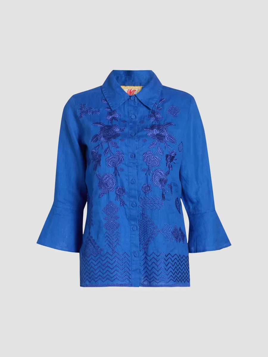 Carmelita Embroidered Linen Ruffle Sleeve Shirt by Johnny Was