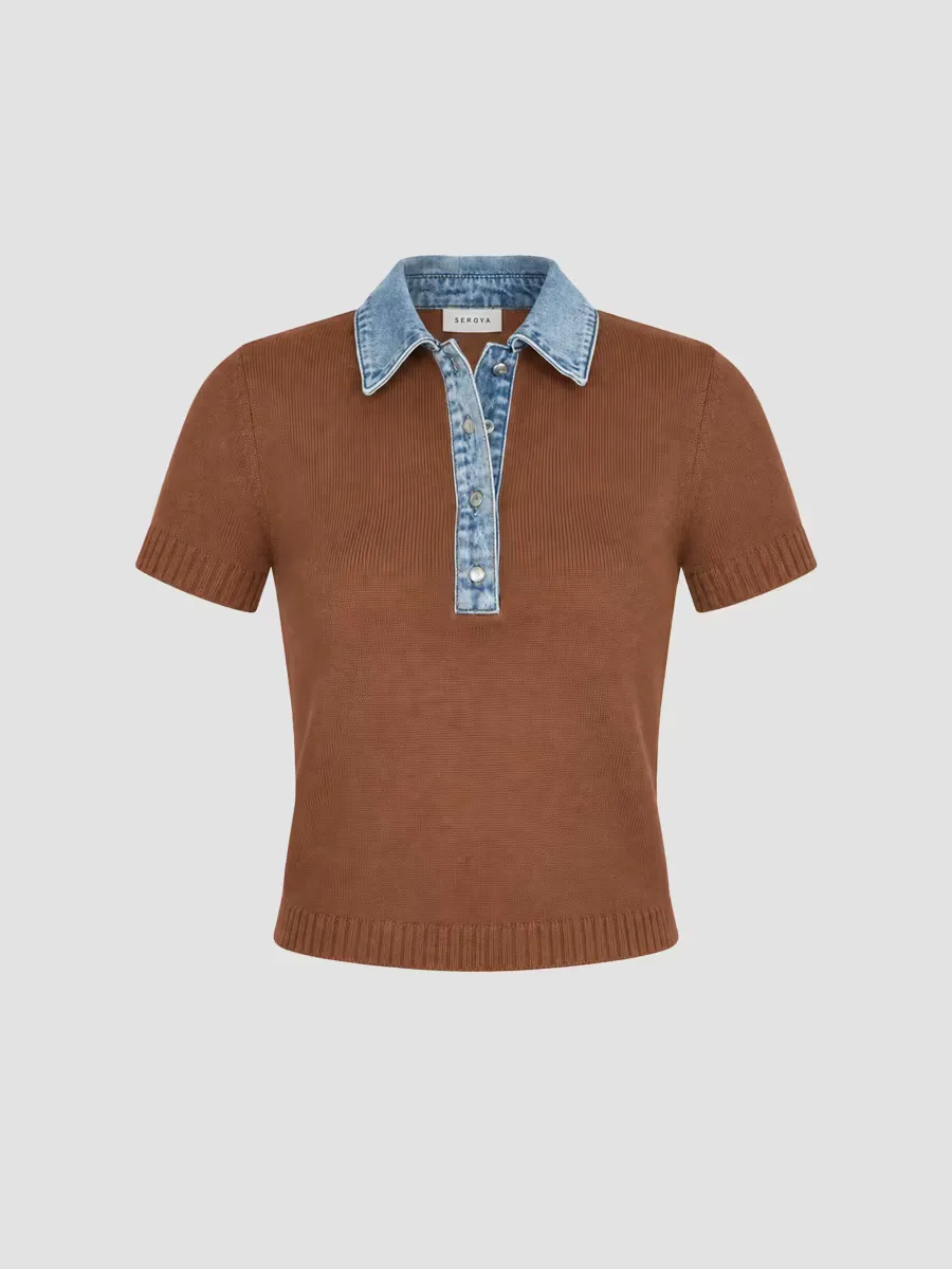 Erika Denim-Trim Knit Polo Top by SEROYA