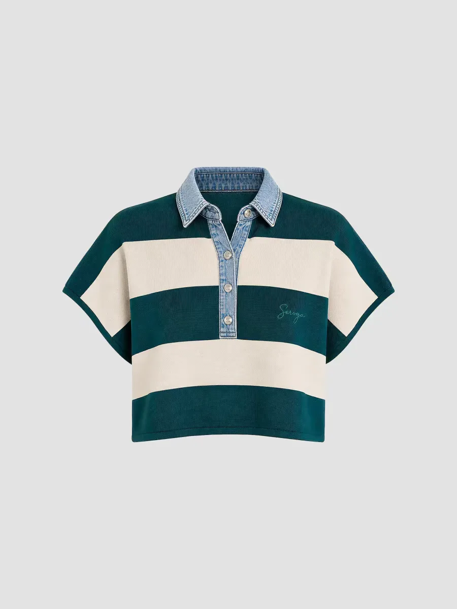 Corsa Denim-Trim Striped Top by SEROYA