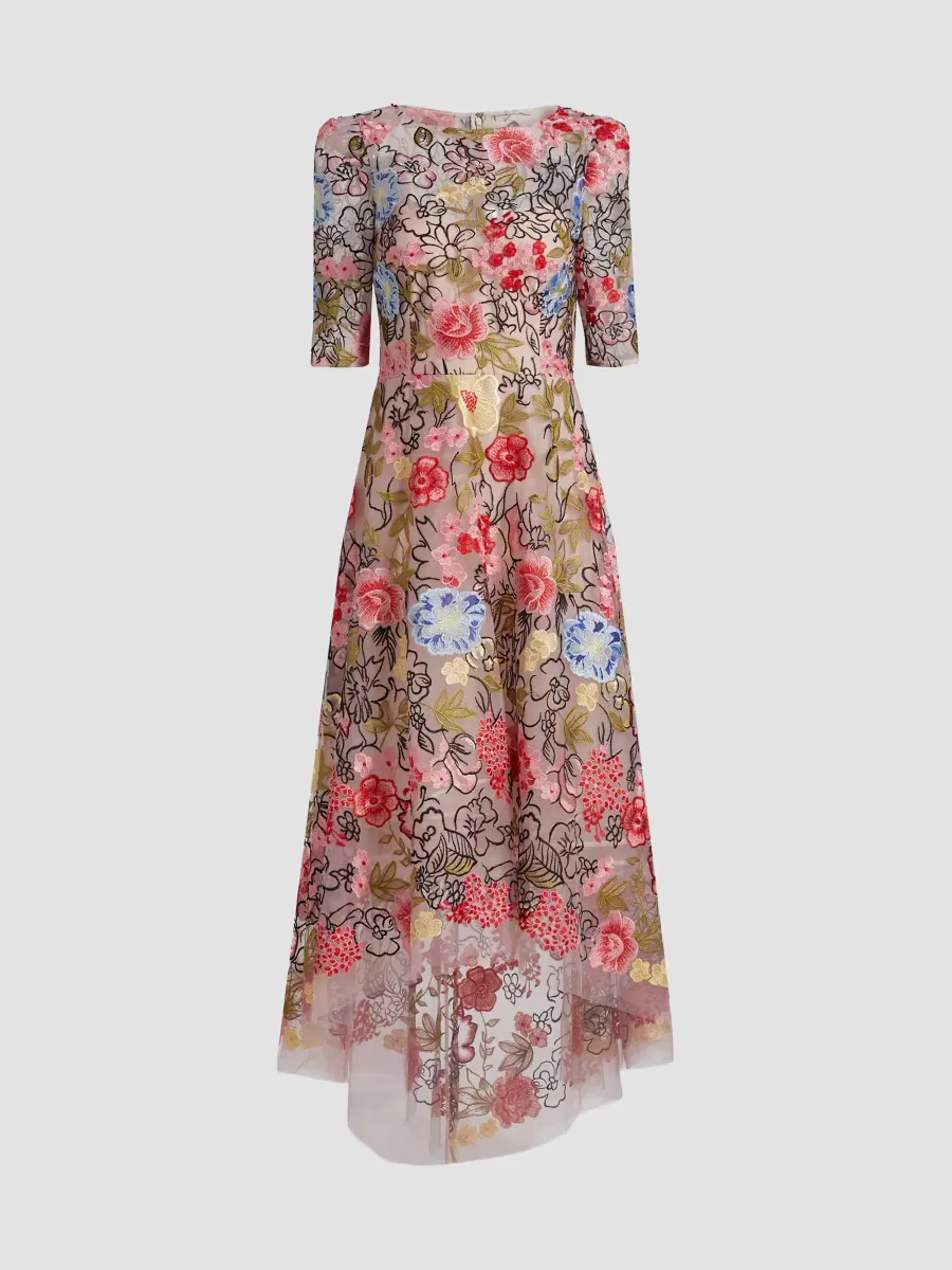 Floral Embroidery Mesh High-Low Midi-Dress by Teri Jon