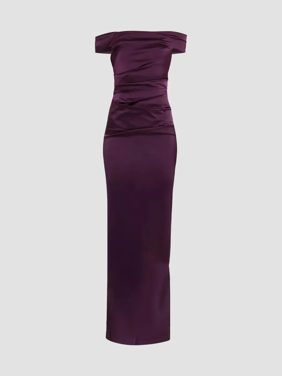 Off-The-Shoulder Ruched Satin Gown by Teri Jon