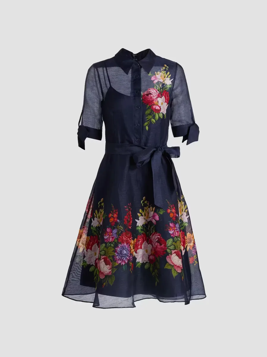 Floral Linen-Silk Knee-Length Shirtdress