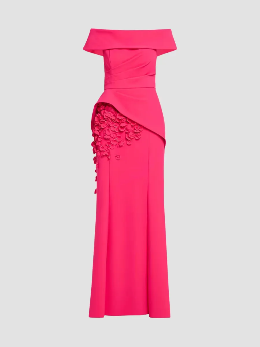 Off-The-Shoulder Peplum Scuba Gown by Teri Jon