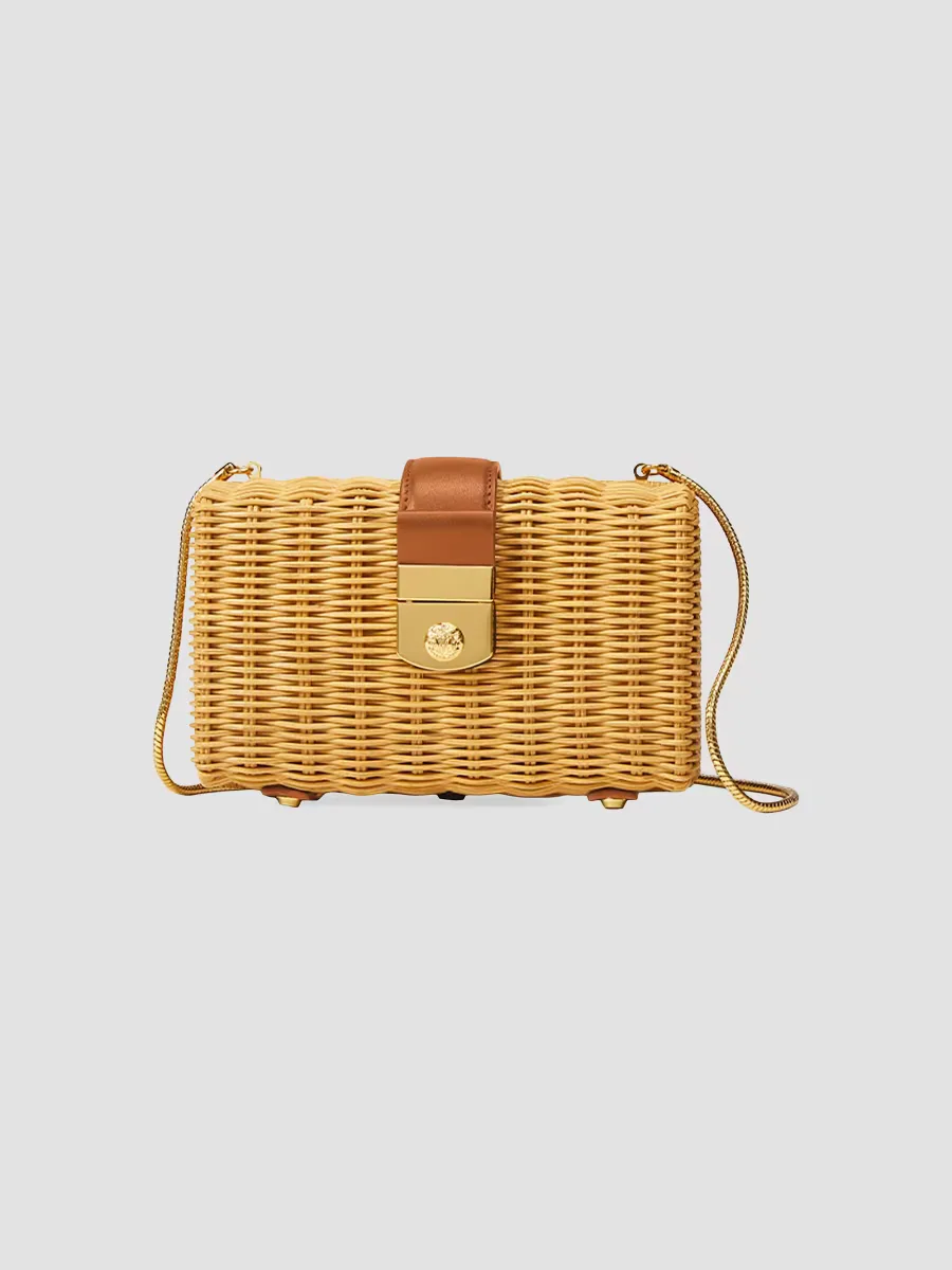 Lock Box Rattan & Leather Clutch