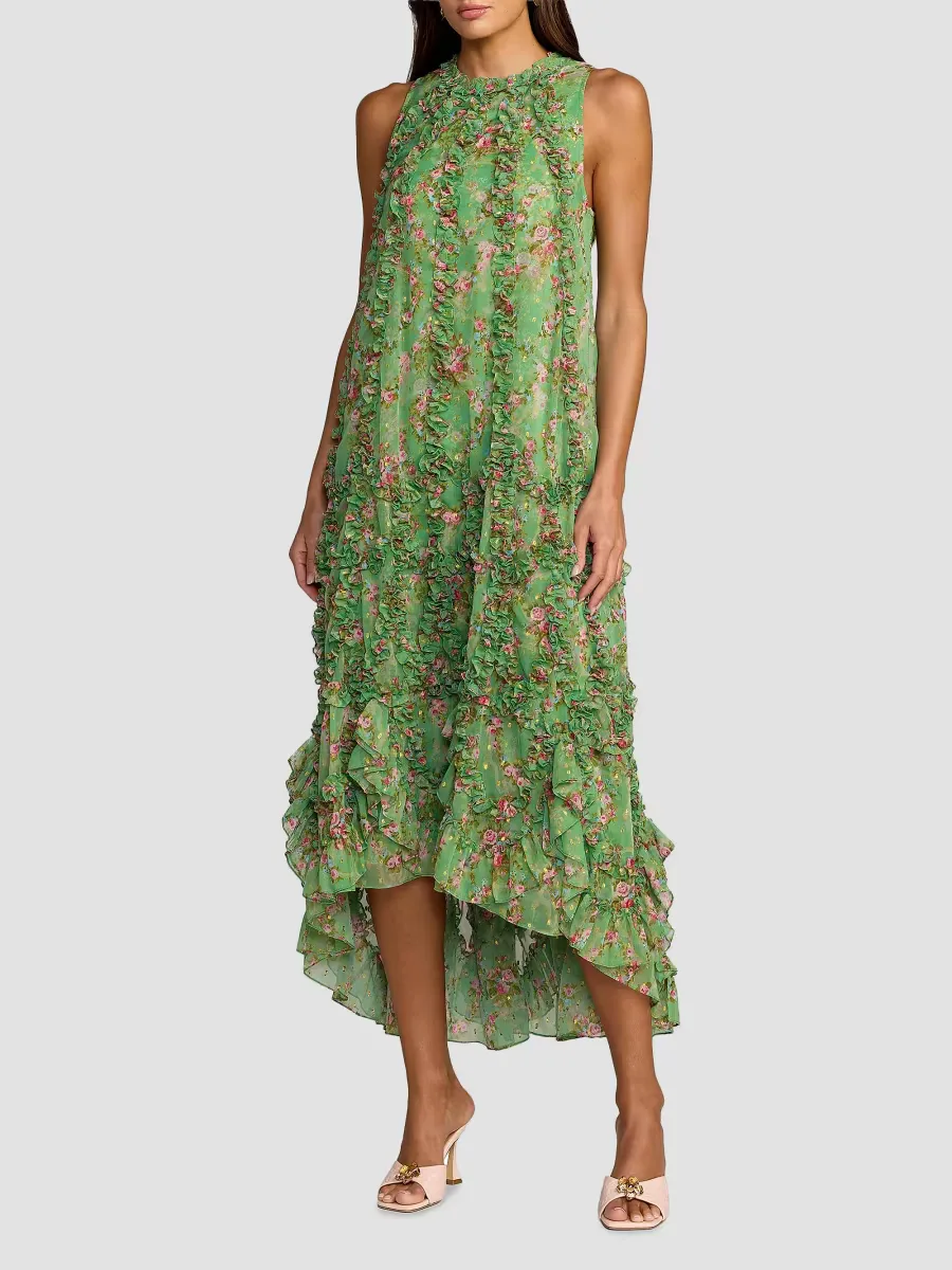 Mac Duggal Cocktail Floral Ruffled Sleeveless High-Low Gown