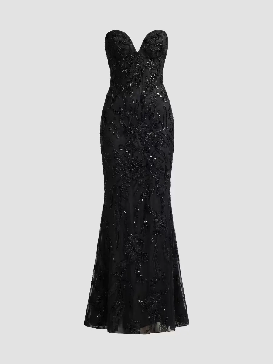 Mac Duggal Floral Embellished Mesh Strapless Column Gown