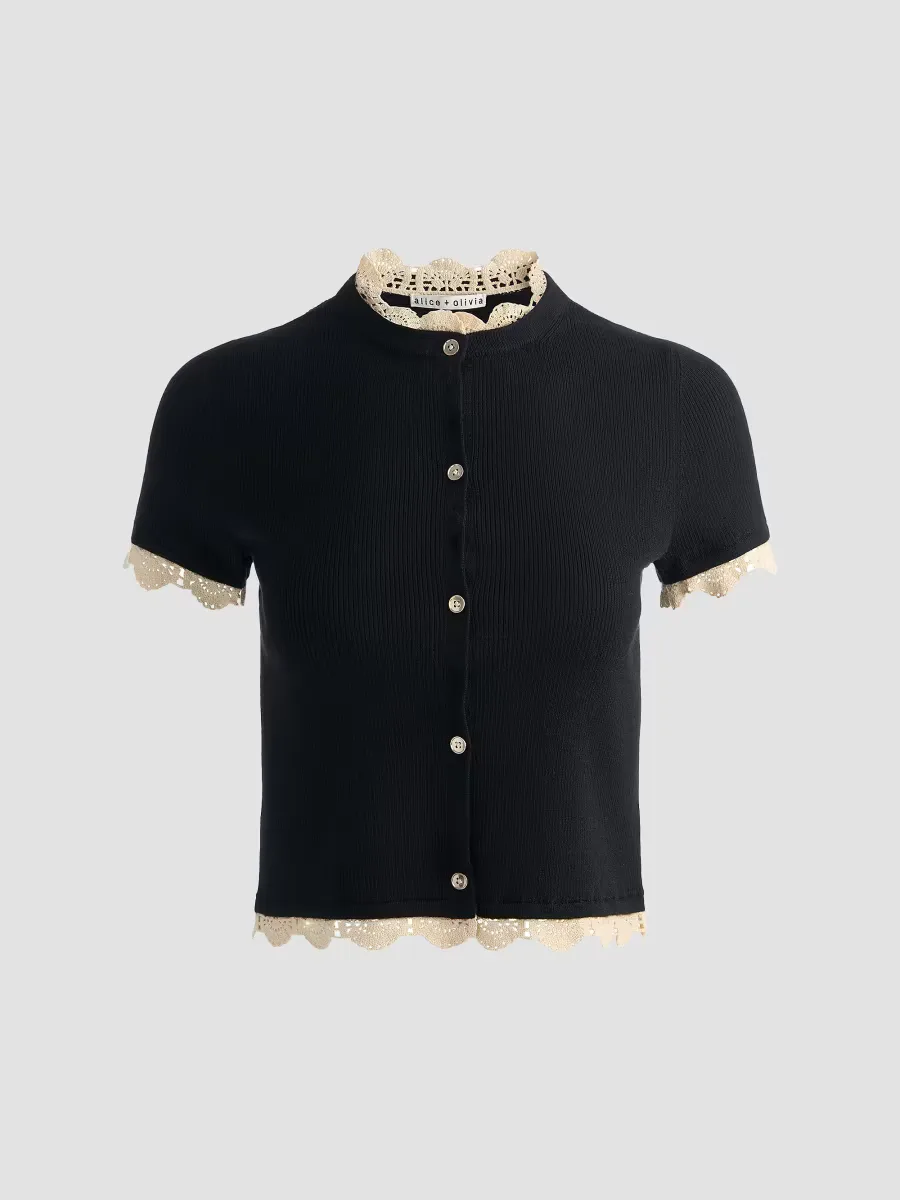 Ciara Contrast Lace-Trim Cardigan by Alice + Olivia