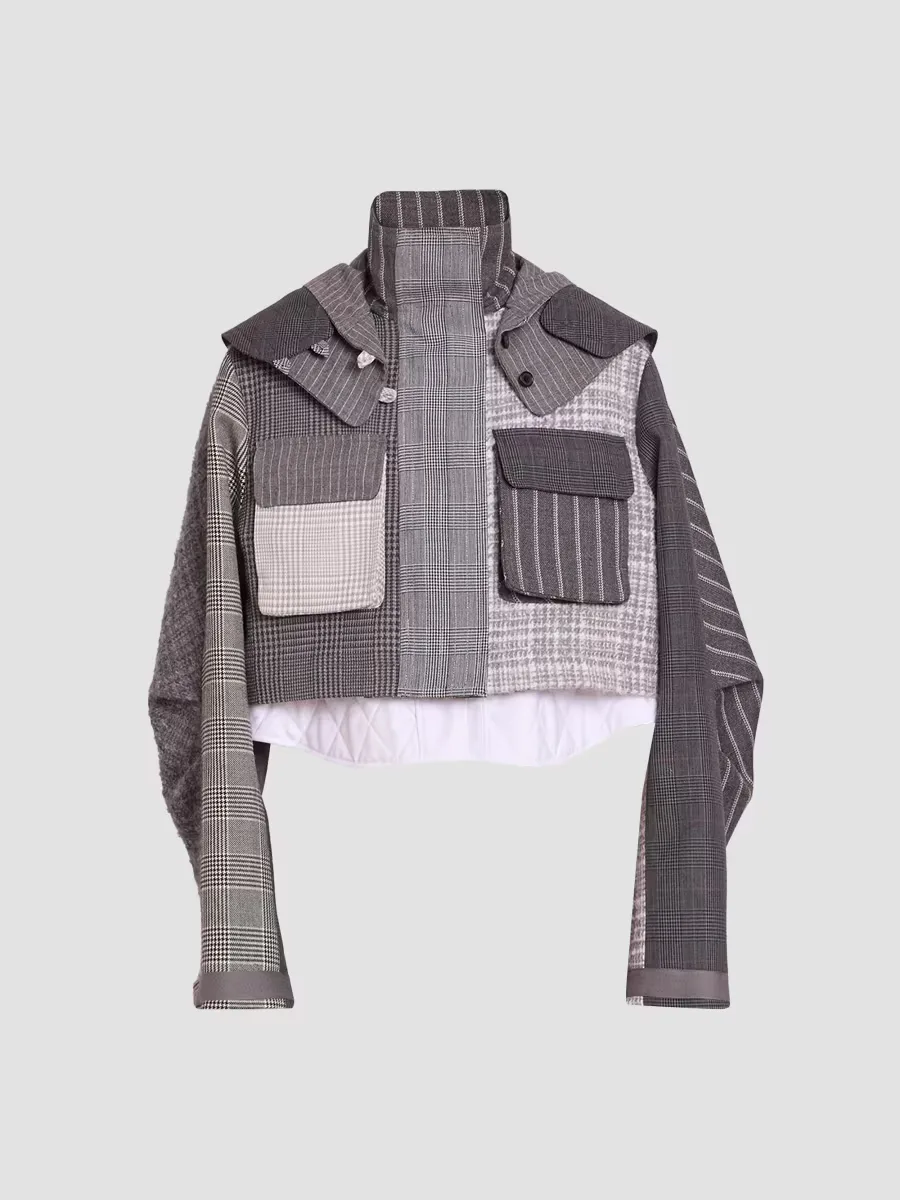 Plaid Virgin-Wool Removable Hood Crop Parka by Thom Browne