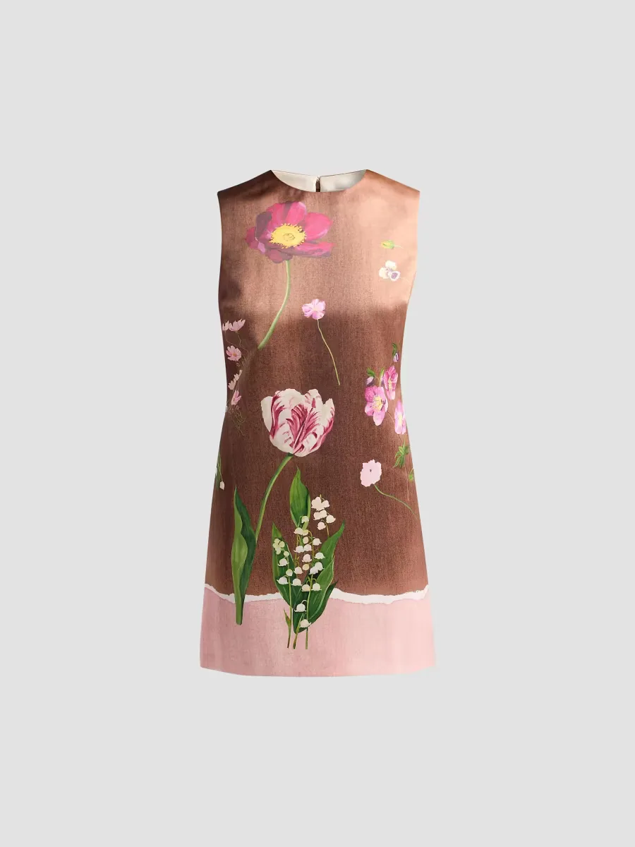 Mixed Botanical Border Satin Sleeveless Mini Dress by Oscar de la Renta