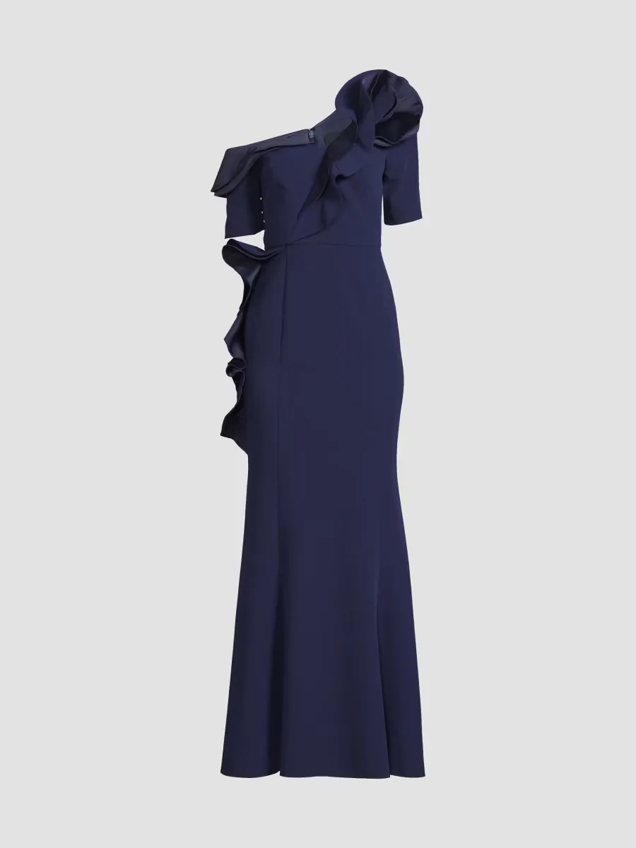 Ruffle Crepe One-Shoulder Gown by Shani