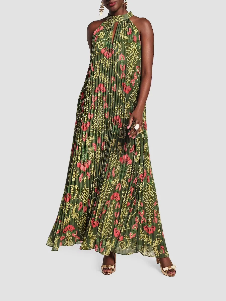 Printed Accordion-Pleated Maxi Dress by Frances Valentine