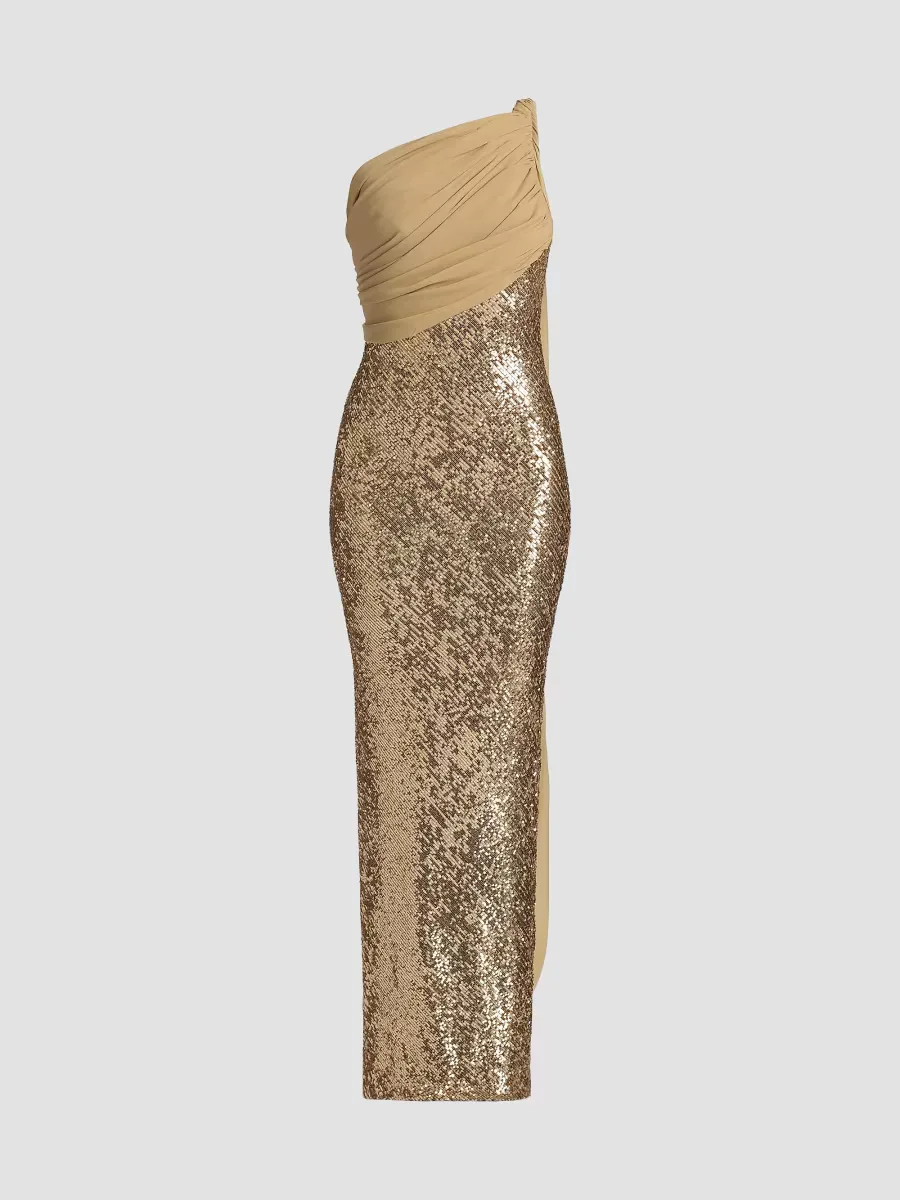Sequined Chiffon One-Shoulder Gown by Pamella Roland