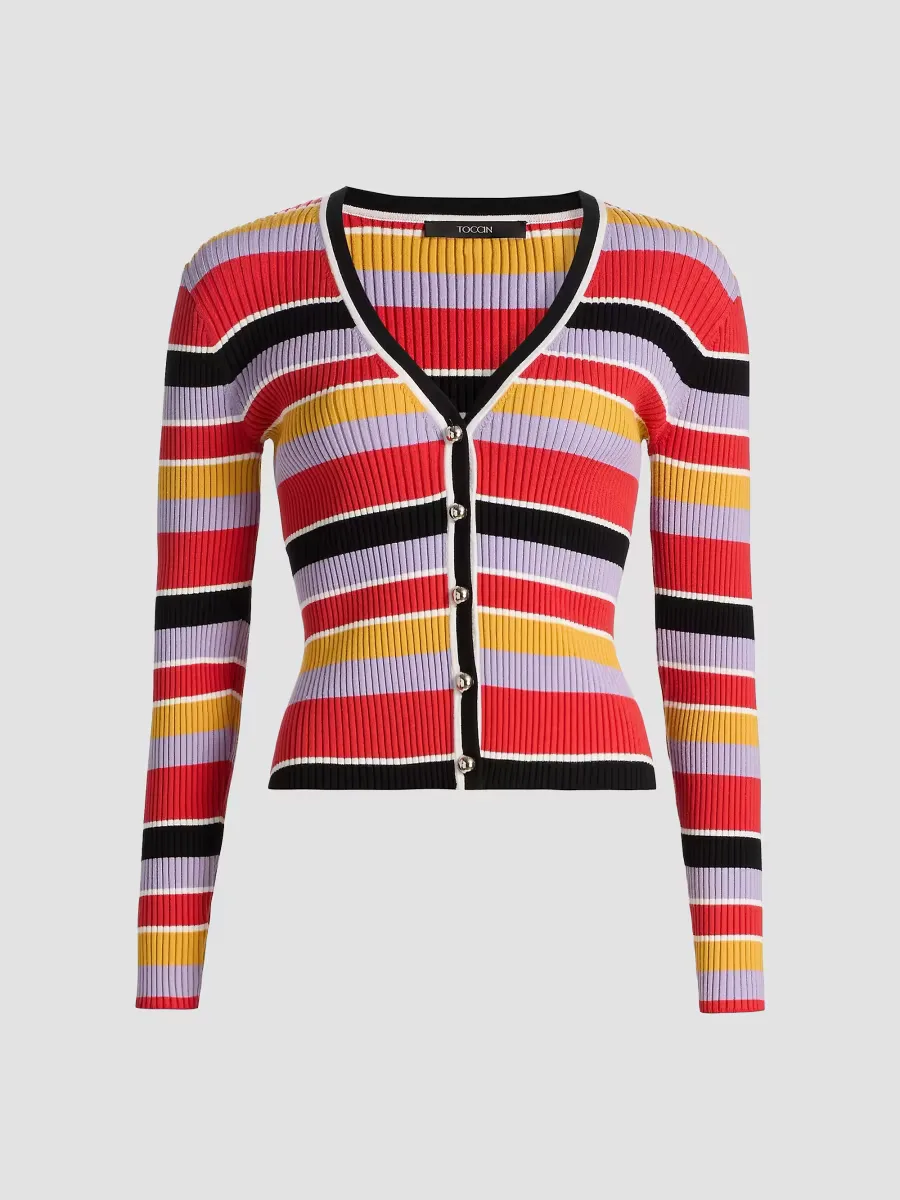 Greta Striped Rib-Knit Cardigan by Toccin