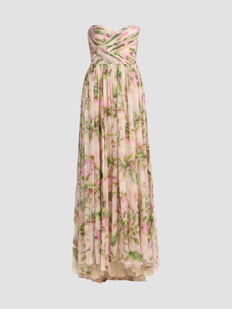 Floral Chiffon Draped Strapless Gown