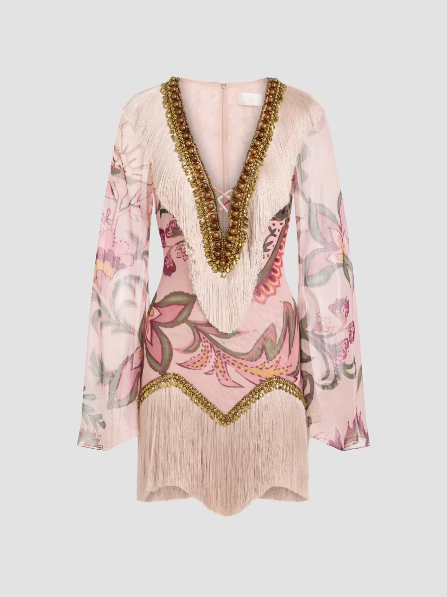 Embellished Fringed Floral Mini Dress by PatBO