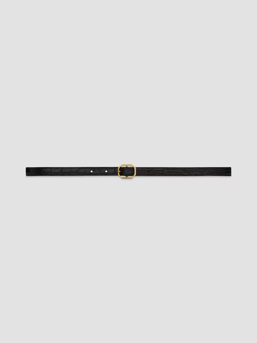 Frame Buckle Thin Belt in Crocodile-Embossed Leather