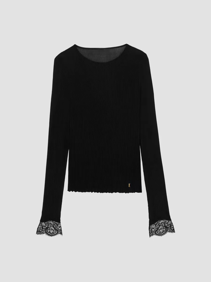 Cassandre Lace-Cuff Top in Ribbed Silk Jersey by Saint Laurent