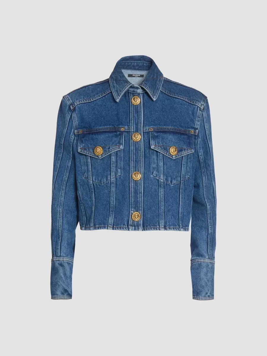 Exposed-Seam Denim Crop Jacket by Balmain