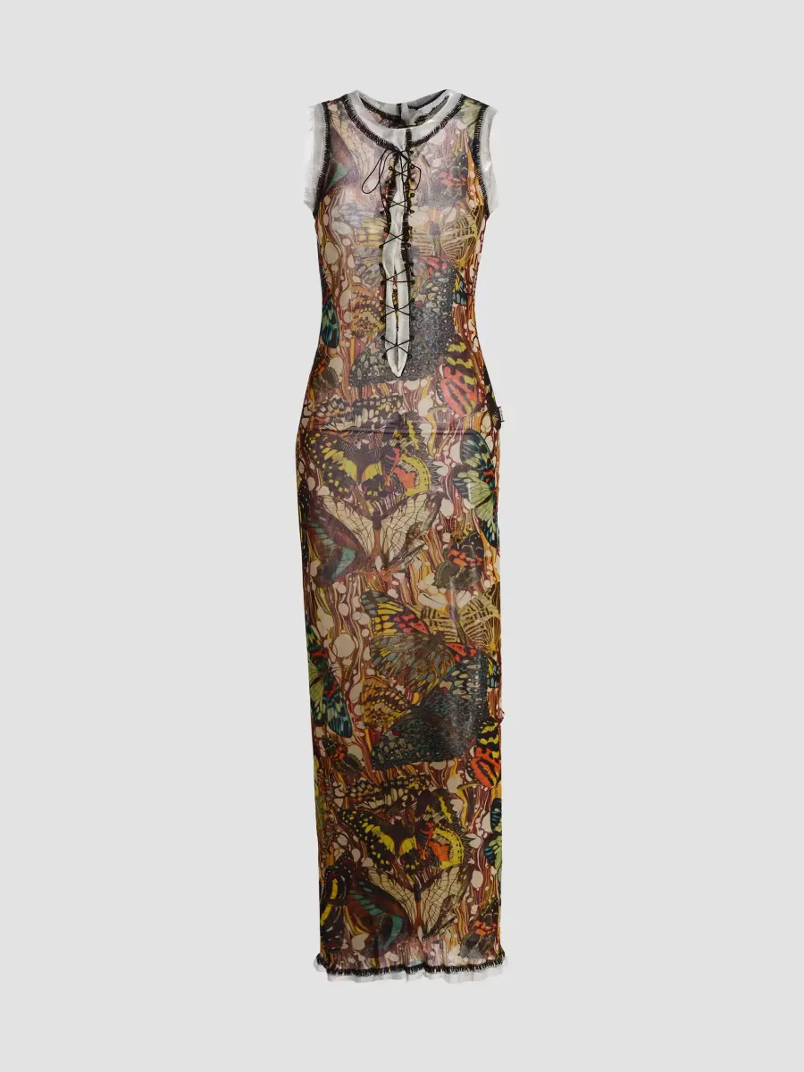 Butterfly-Print Sleeveless Mesh Maxi Dress by Jean Paul Gaultier