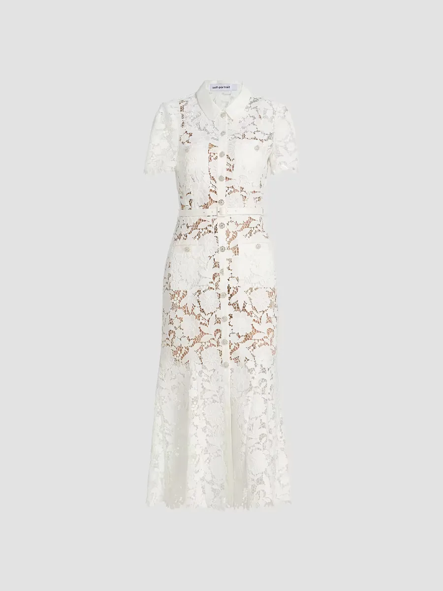 Tie-Waist Lace A-Line Midi-Shirtdress by Self Portrait