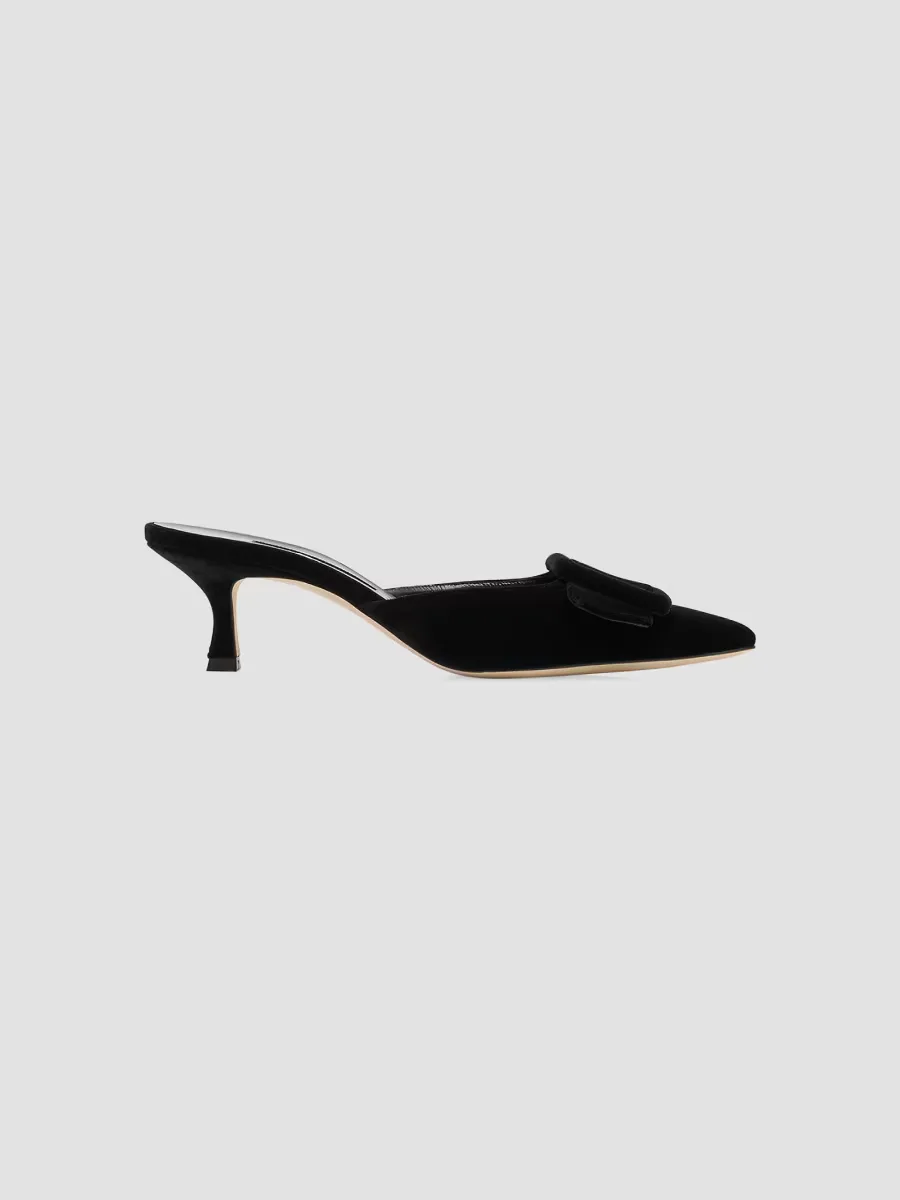 Maysale 50MM Buckle-Detail Velvet Kitten-Heel Mules