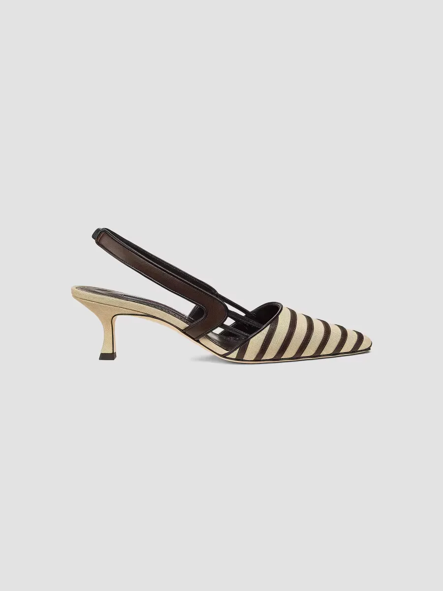 Pelas 50MM Striped Linen Slingback Pumps by Manolo Blahnik