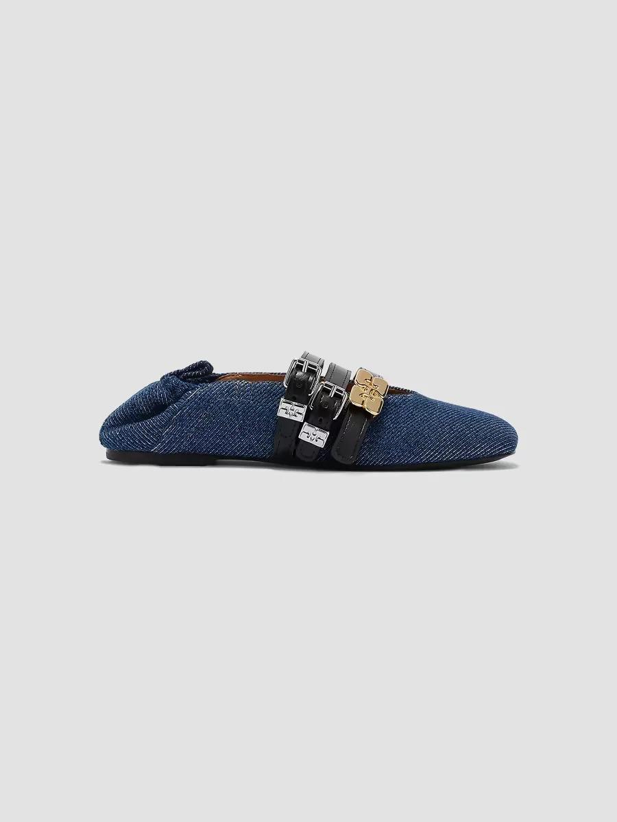 Sue Triple-Strap Fringed Denim Ballet Flats by GANNI