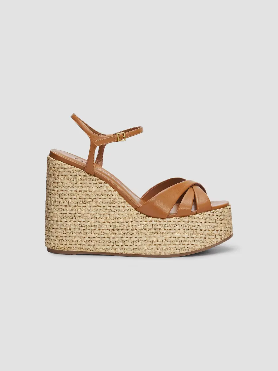 Keefa 120MM Leather-Raffia Wedge Sandals by SCHUTZ