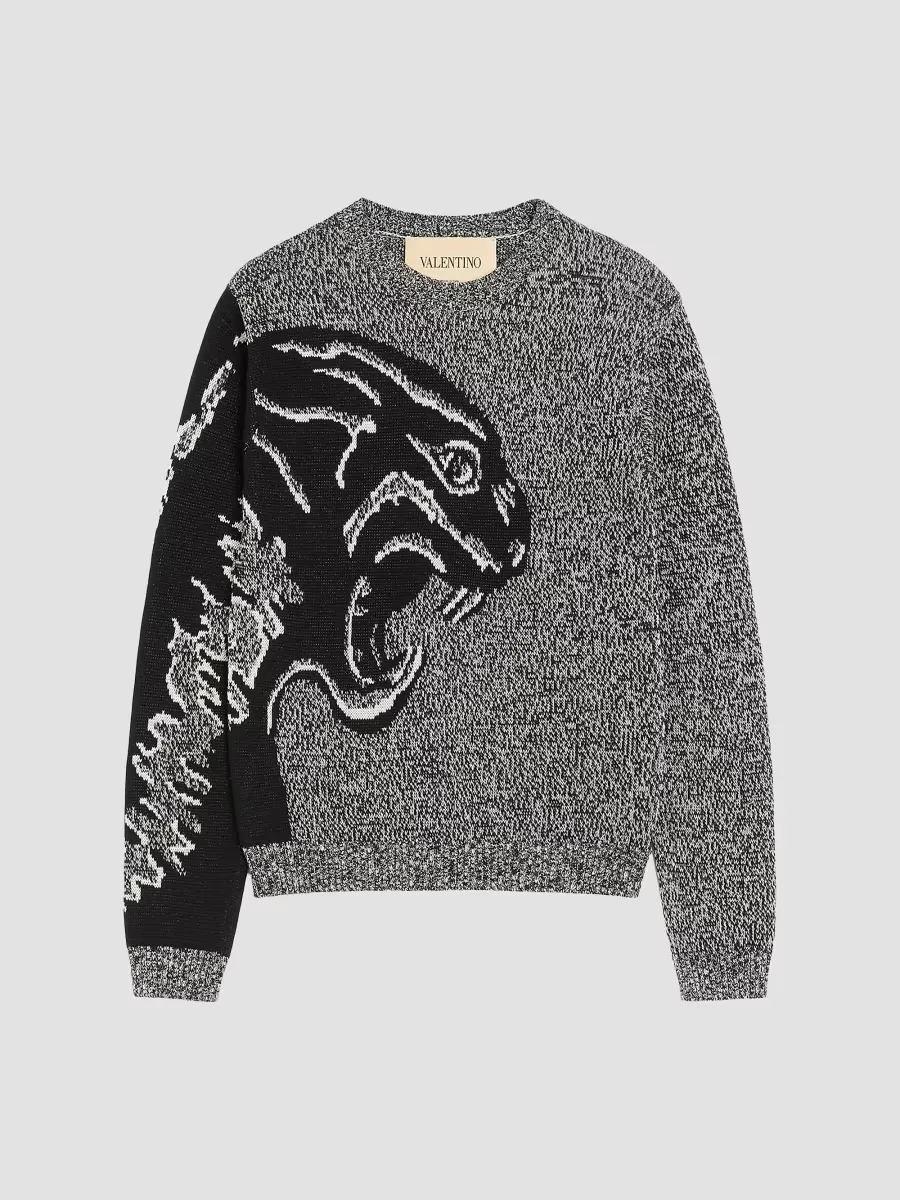 Cotton and Moulin Wool Sweater with Panther Jacquard by Valentino