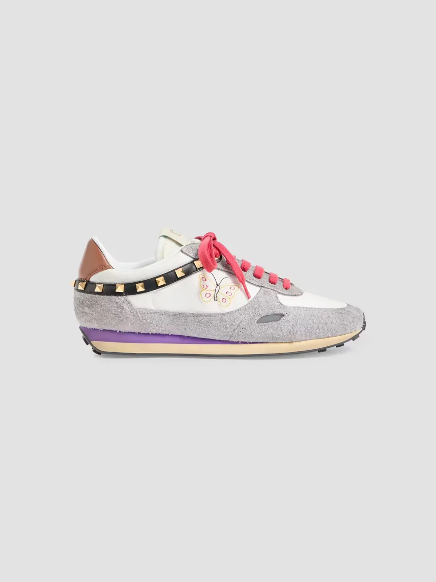 Stud Up Sneakers in Split Leather and Nylon with Butterfly Embroidery