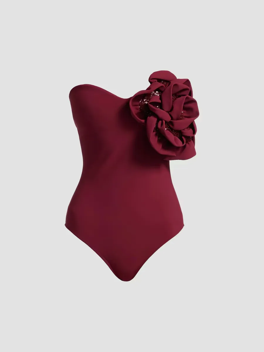 Panai RC Sequined Rosette Strapless One-Piece Swimsuit by Chiara Boni La Petite Robe