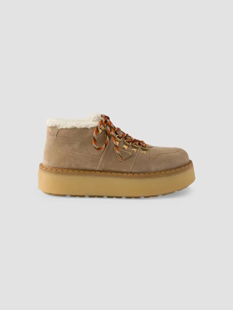 Shearling-Lined Suede Booties by Prada