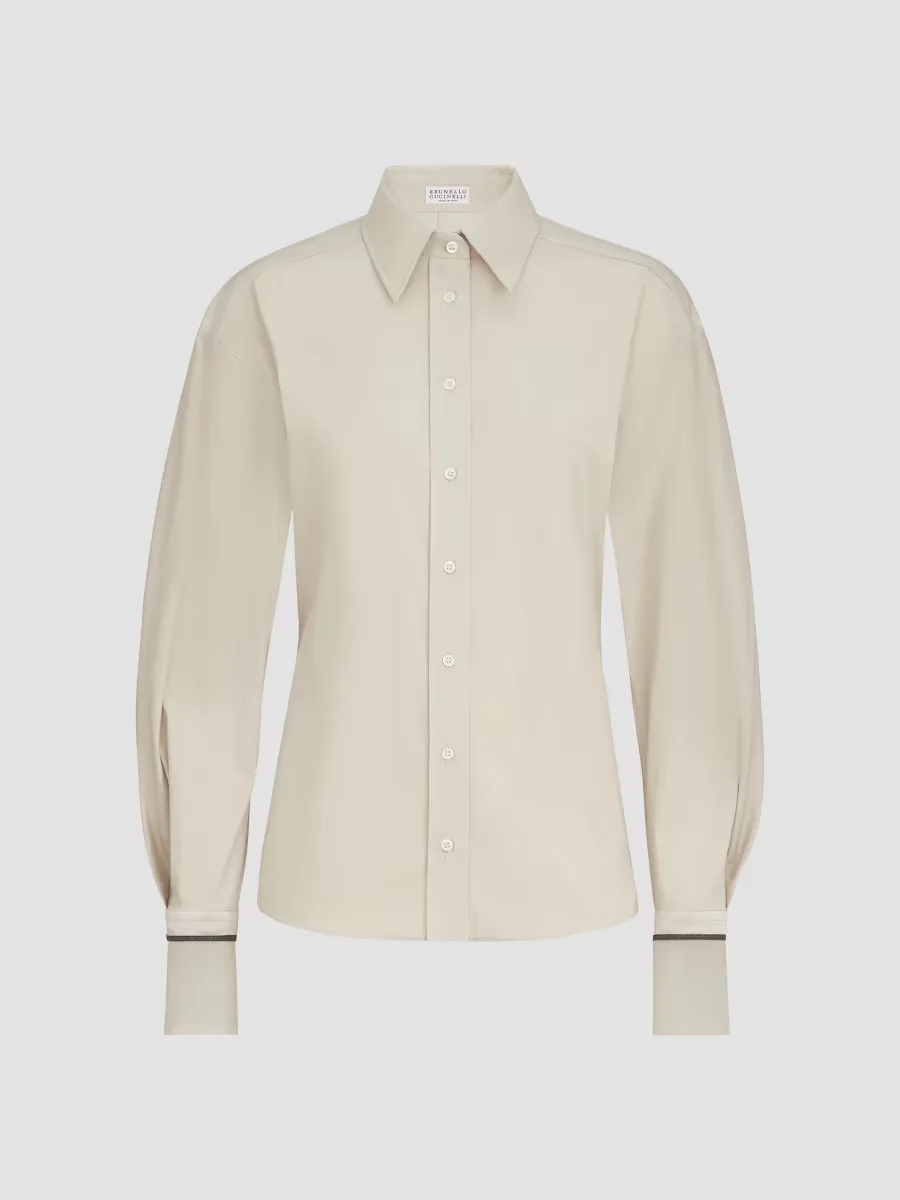 Stretch Cotton Poplin Shirt with Shiny Silk Cuffs by Brunello Cucinelli