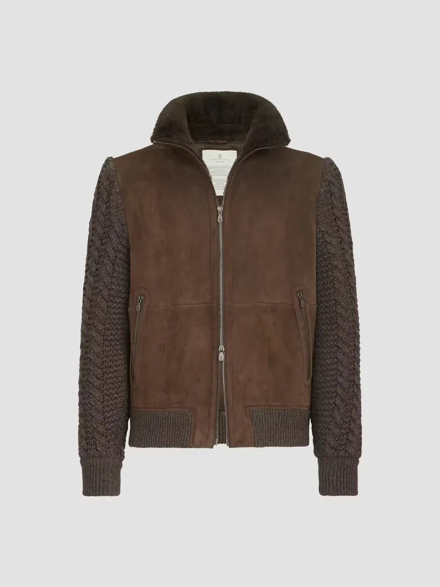 Suede Shearling and Cashmere Knit Bomber Jacket