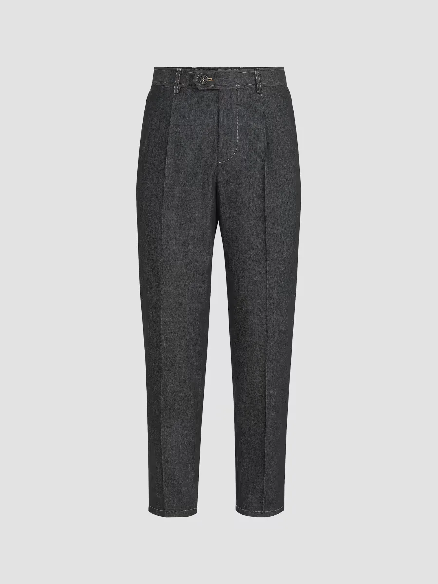 No Fade Lightweight Denim Trousers with Pleats by Brunello Cucinelli