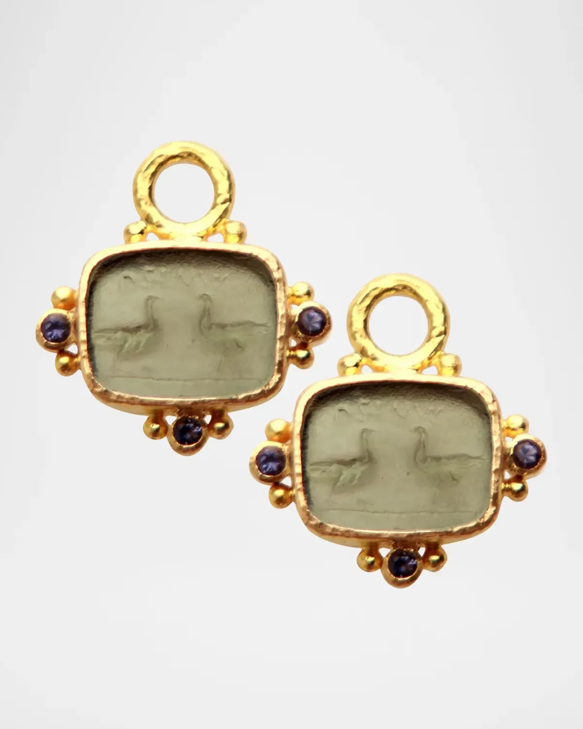 19K Yellow Gold Two Crane Earring Pendants with Stones by Elizabeth Locke