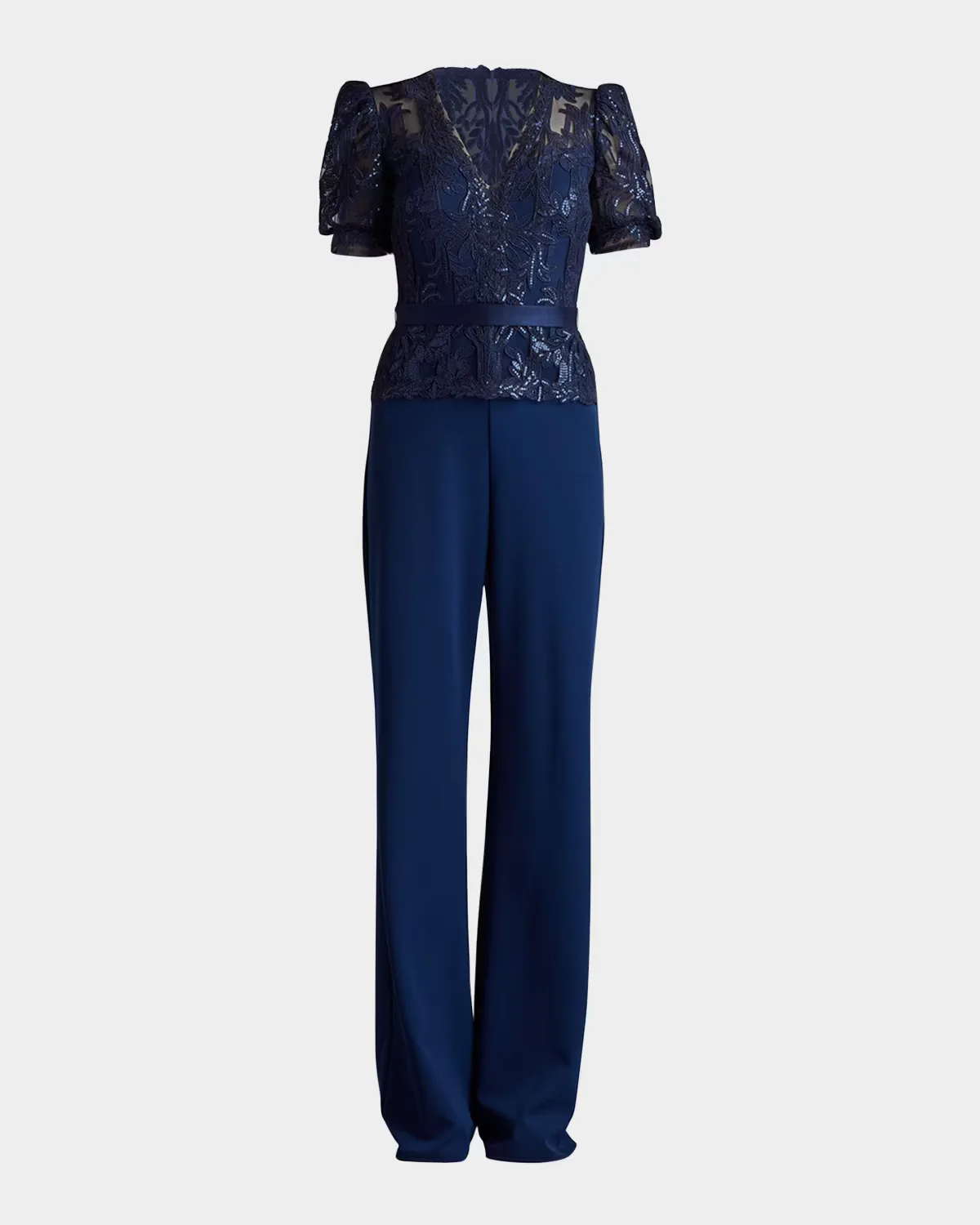 Sequined Lace Crepe V-Neck Jumpsuit by Tadashi