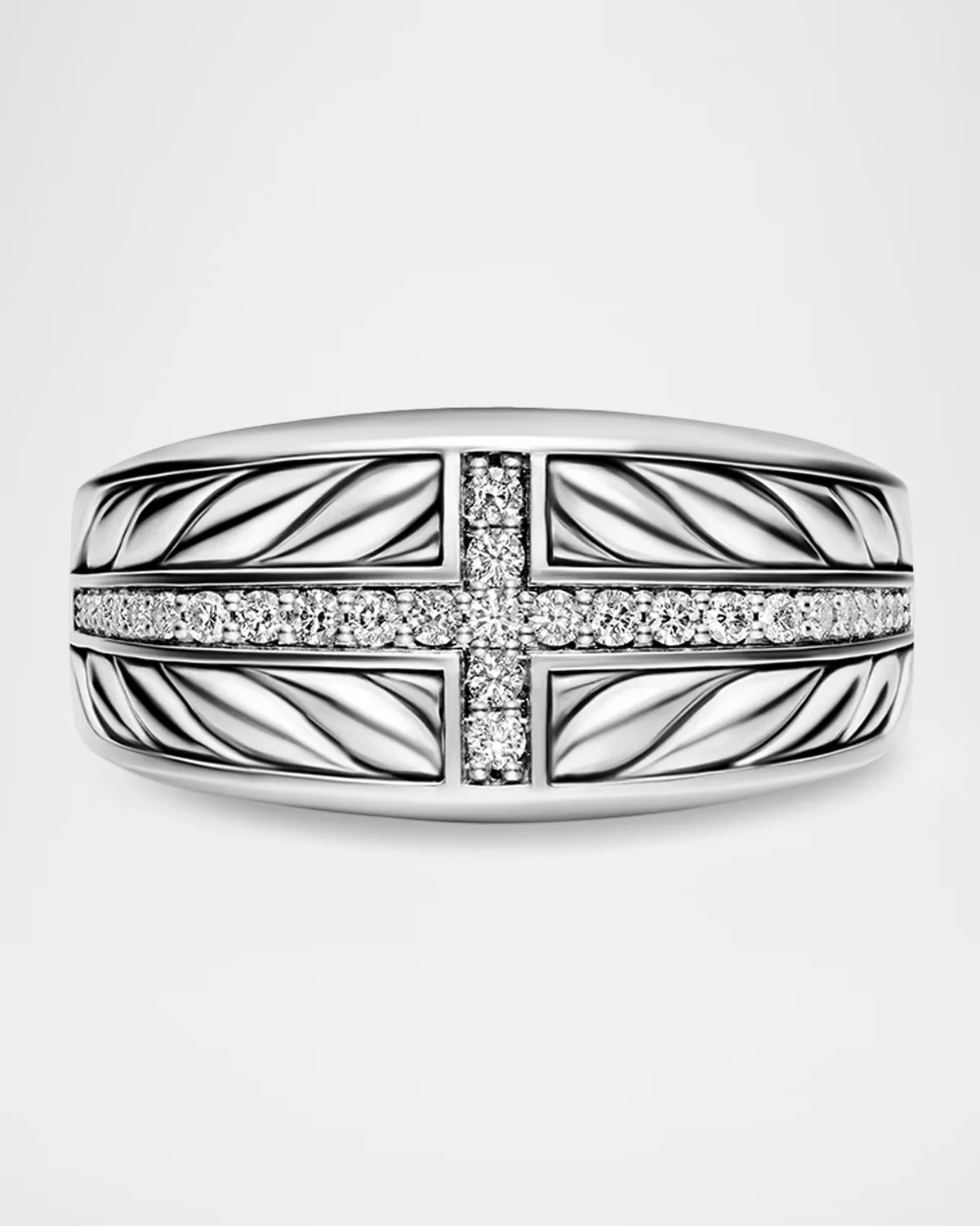 Chevron Three Sided Signet Ring in Sterling Silver with Diamonds, 12.5mm