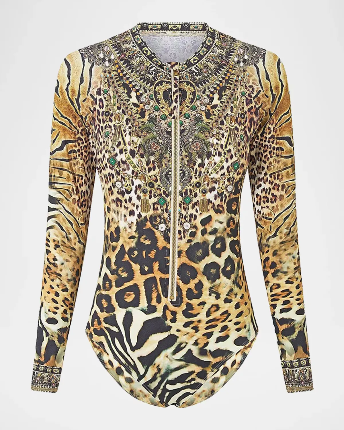 Leotigra Printed Zip-Front Rashguard Swimsuit by Camilla