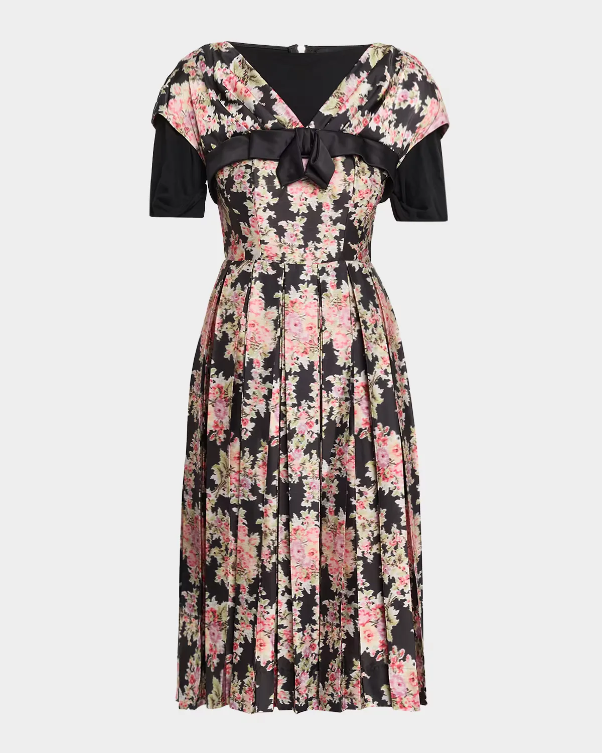 Pleated Floral Satin Layered Midi Dress by Simone Rocha
