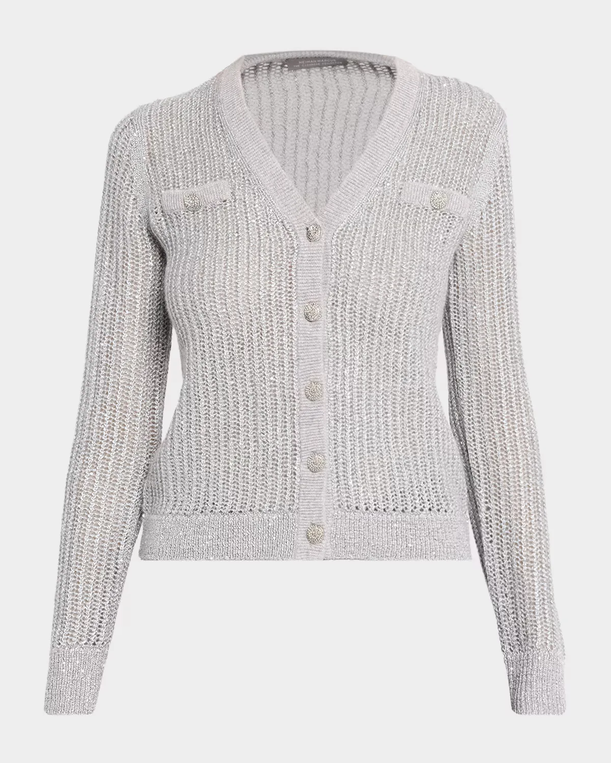 Mesh Stitch Metallic Cashmere V-Neck Cardigan by Neiman Marcus