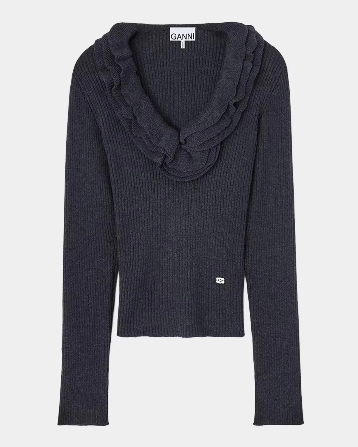 Rib-Knit Merino Wool Frill Long-Sleeve Top by GANNI